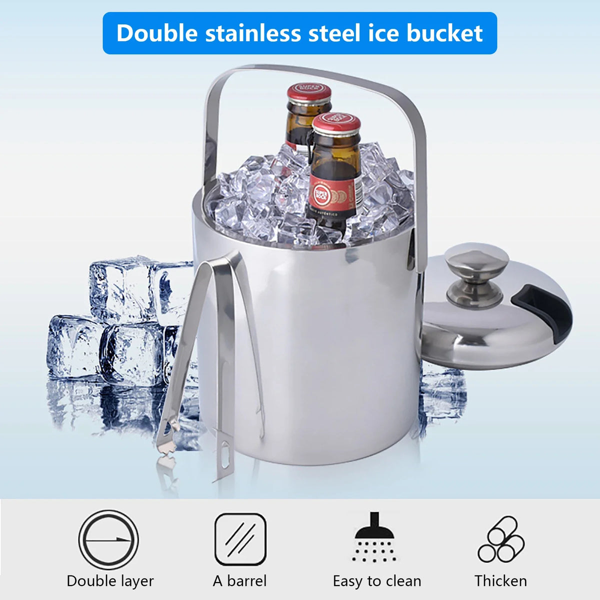 Stainless Steel Ice Bucket Double-Wall Insulated 1.3L with Lid &amp; Scoop