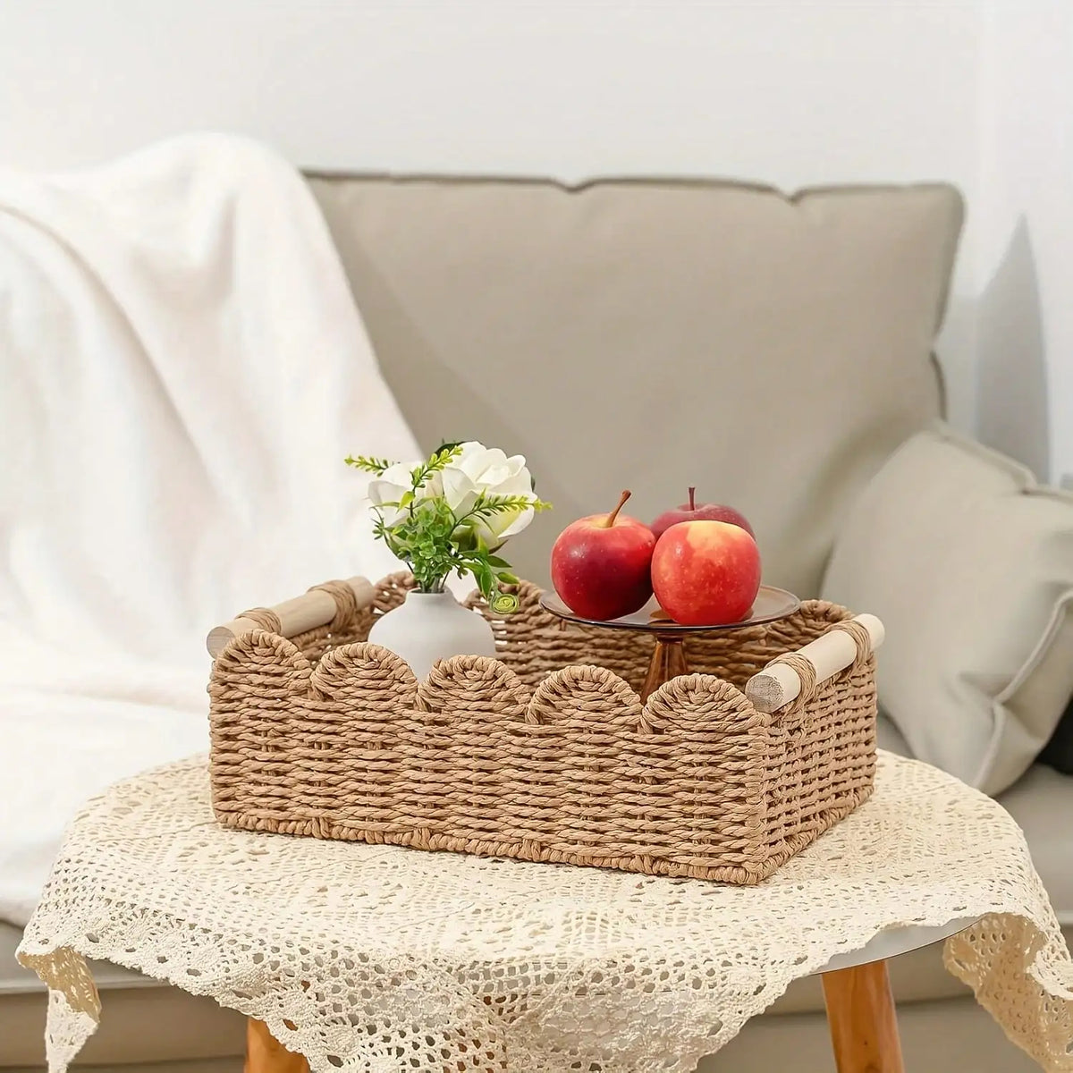 Woven Decorative Storage Basket with Handles (Khaki)