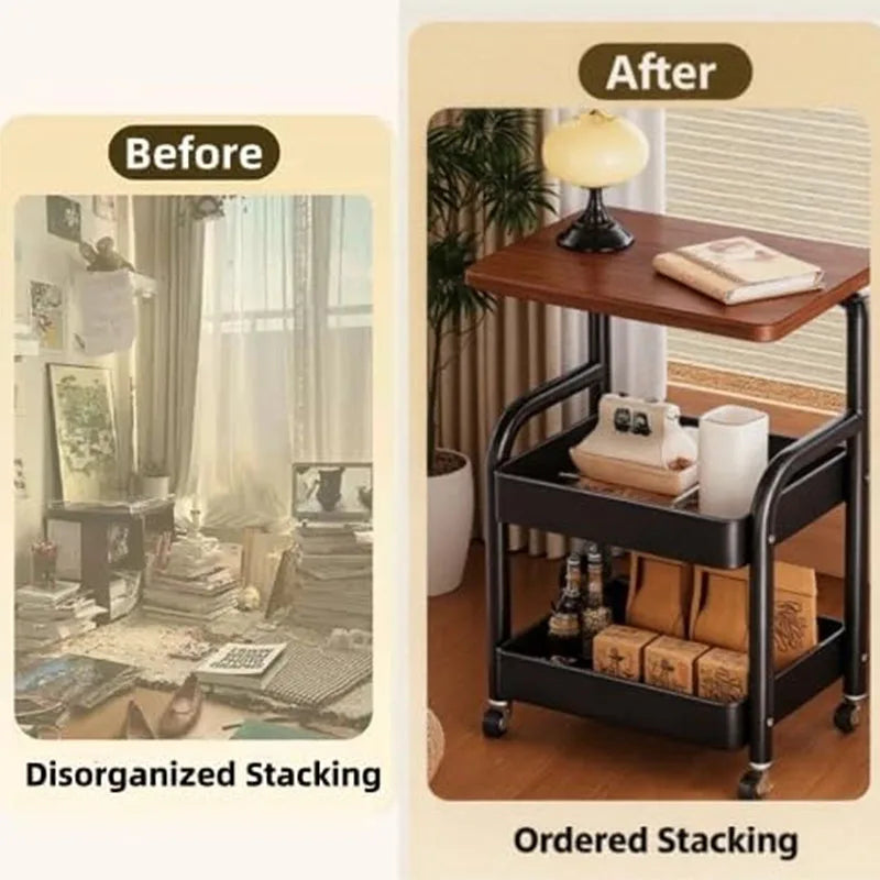 3-Tier Metal Rolling Storage Cart with Walnut Wood (White)
