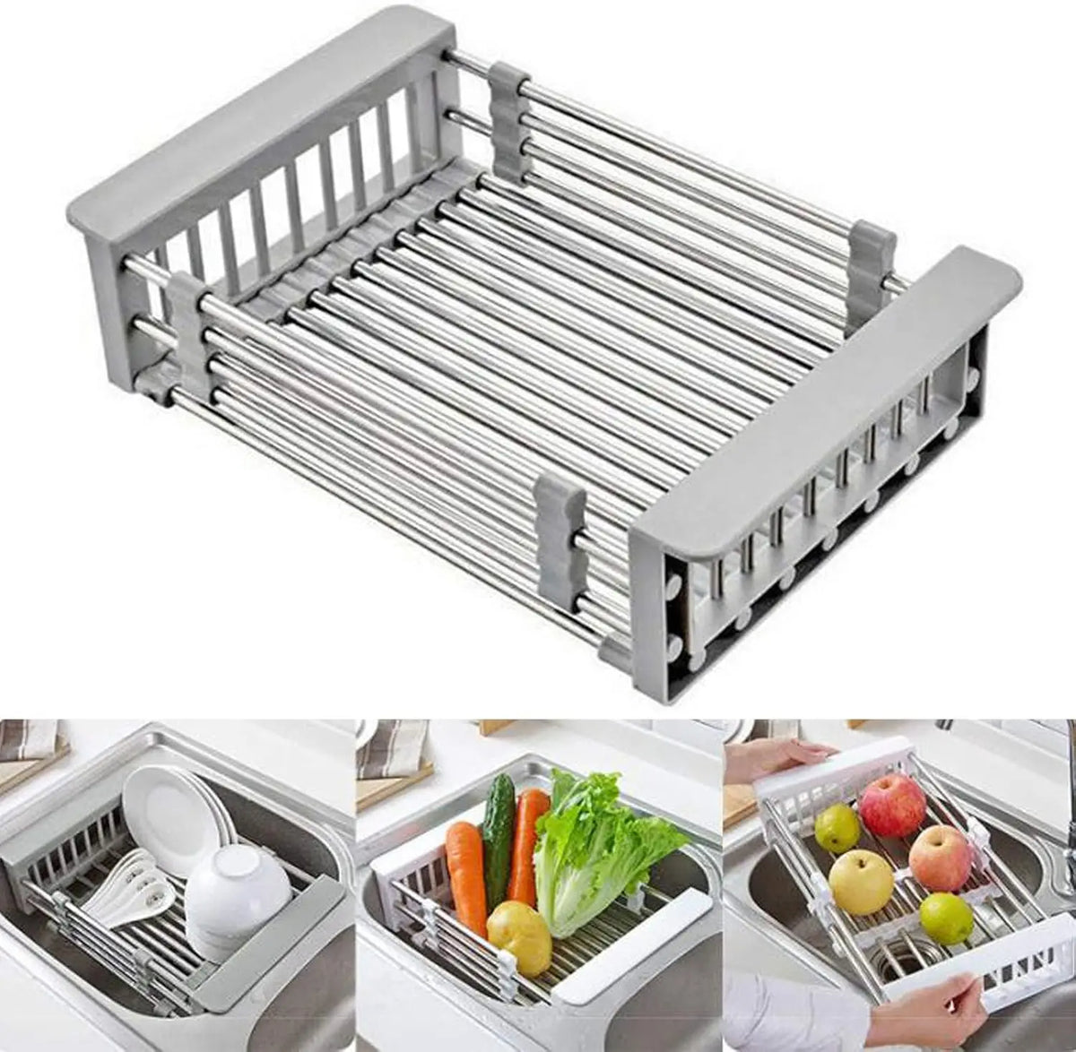 Portable Over-The-Sink Dish Drainer Stainless Steel Basket