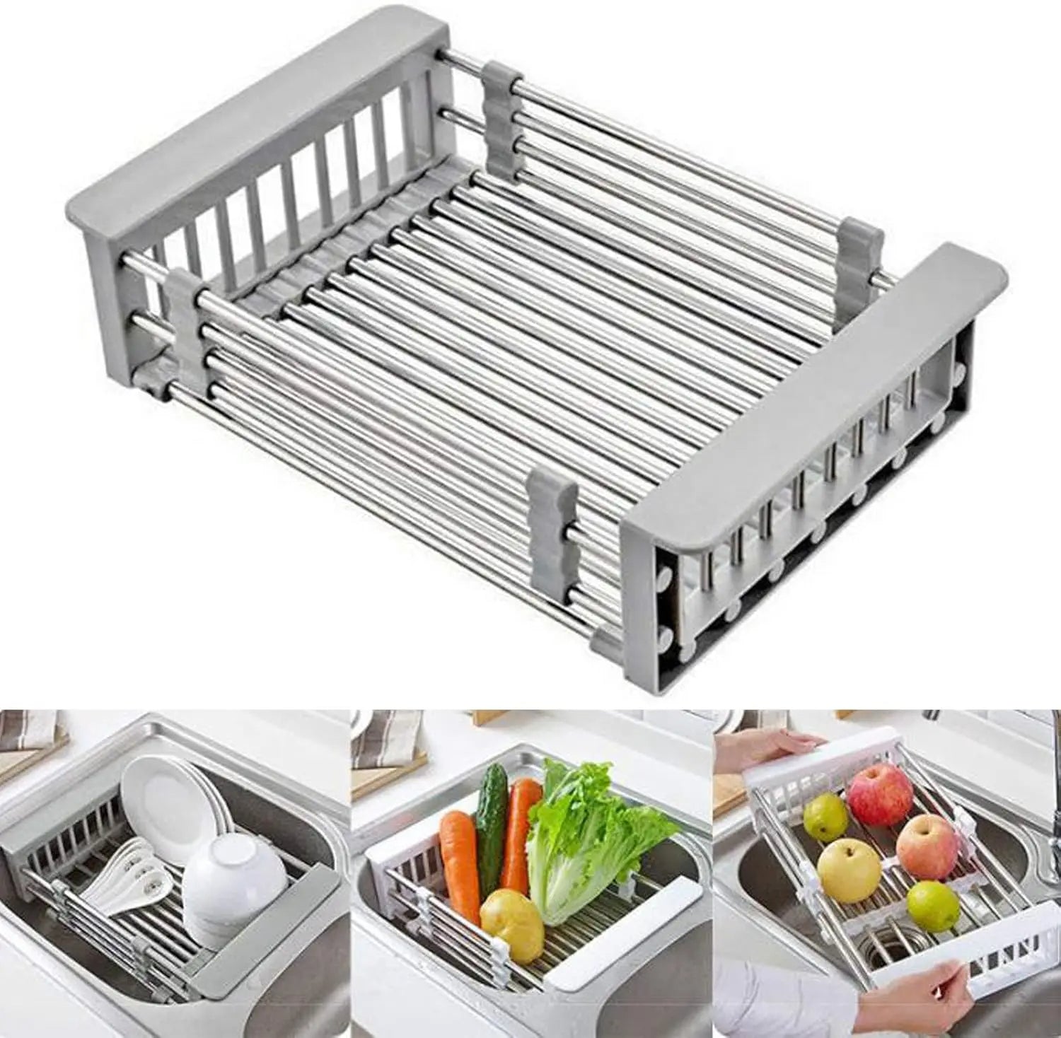 Portable Over-The-Sink Dish Drainer Stainless Steel Basket