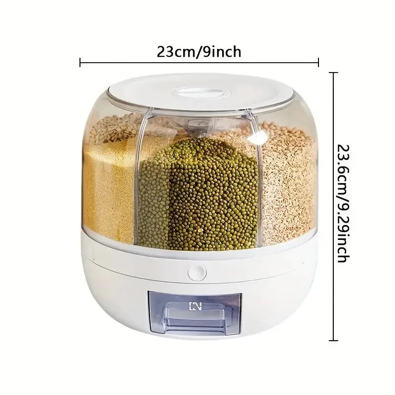 360° Rotating Grain Dispenser – 6-Grid Airtight Cereal &amp; Rice Storage Container
