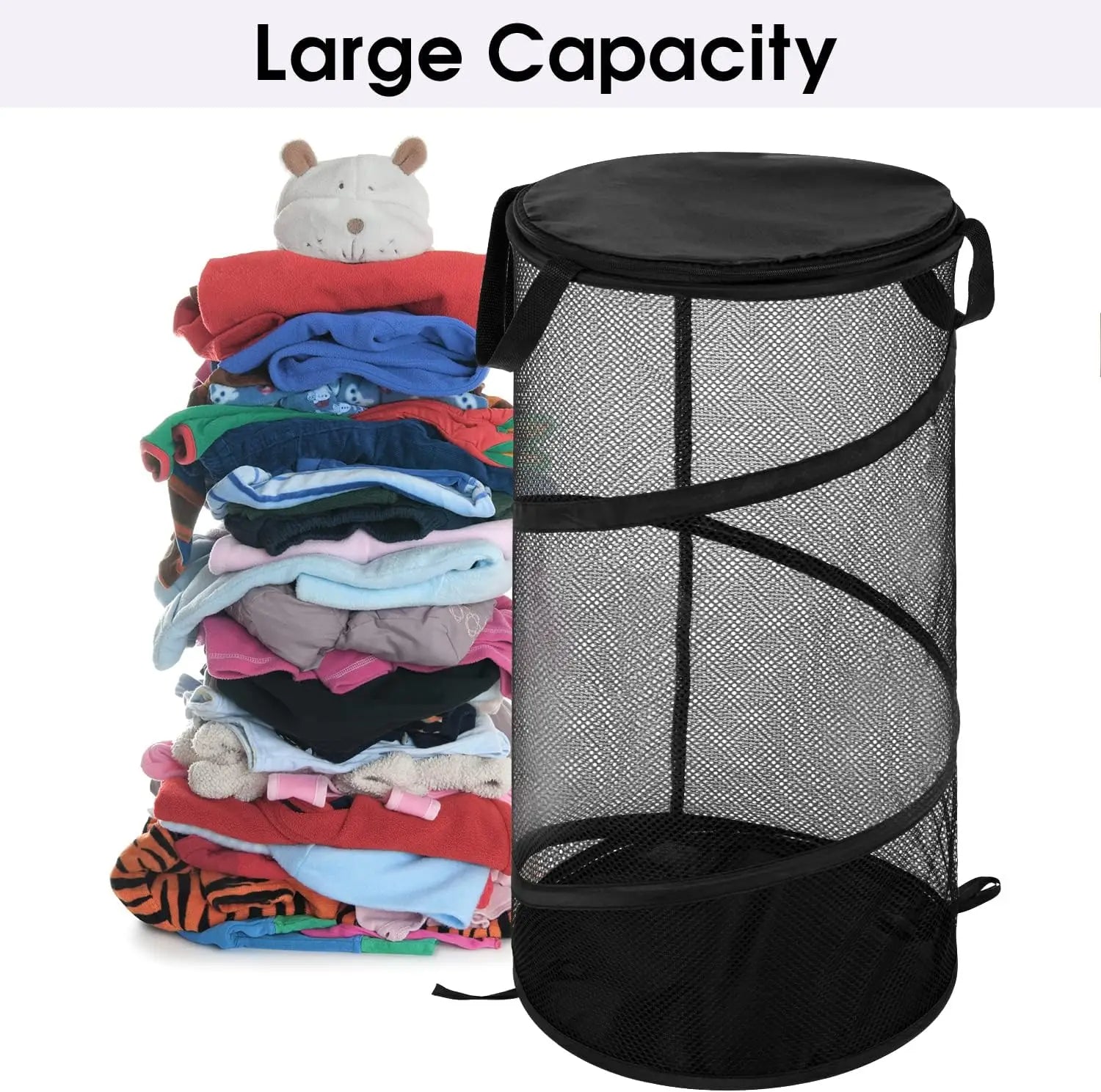 Large Foldable Laundry Basket with Lid Mesh Handles