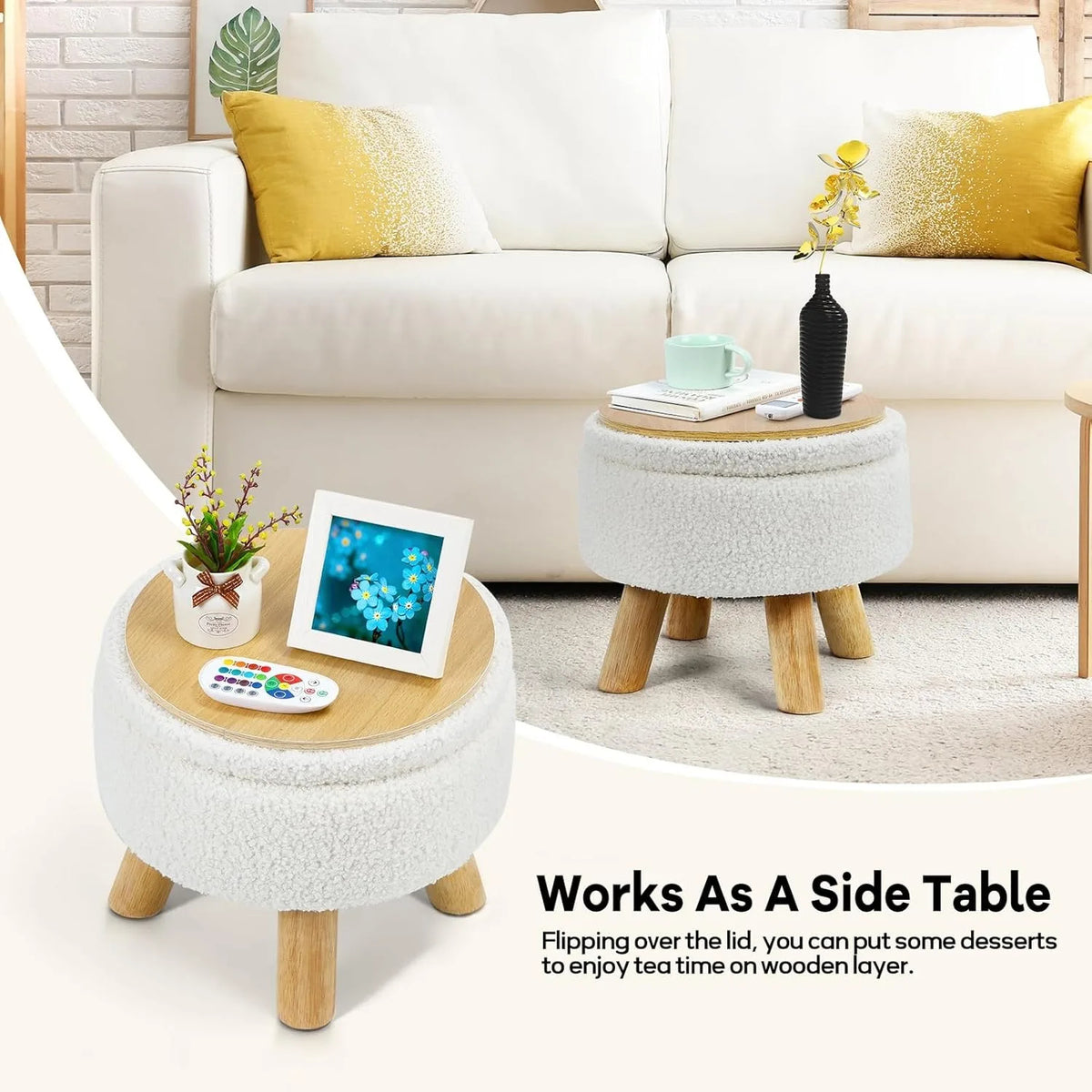 Nordic Boucle Footstool and Accent Furniture with Wooden Legs for Living Room (Black)