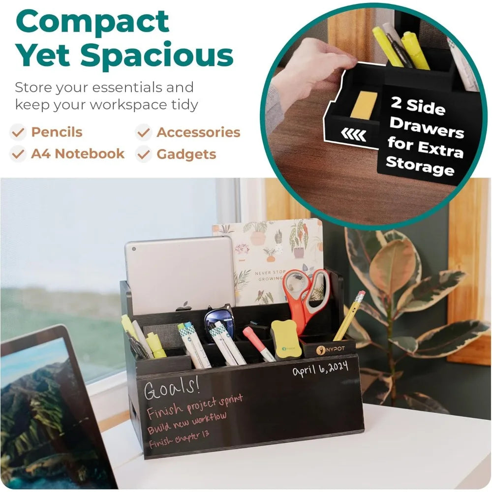 Multifunctional Desk Organizer Wood Desktop Storage with Drawers (Black)