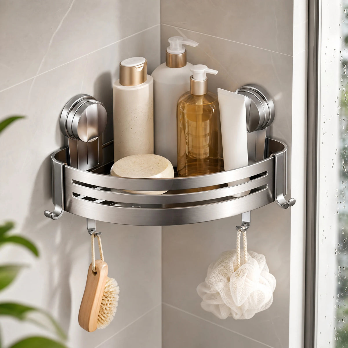 Shower Caddy Organizer, 1-Tier Suction Corner Shower Shelf, No-Drill Wall Mounted Bathroom Storage Rack, Rustproof Aluminum Shower Basket with Towel Bar