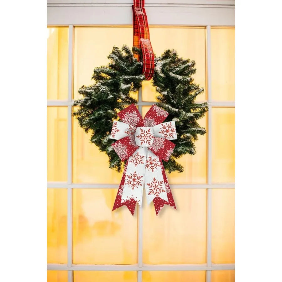 Glitter Red and White Burlap Christmas Bows (Set of 2) Snowflake Design Wreath
