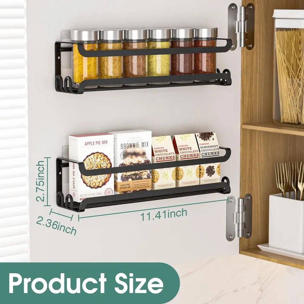 2-Pack Wall-Mounted Spice Rack with 8 Hooks – Space-Saving Kitchen Organizer for Pantry, RV, Camper &amp; Home, Black