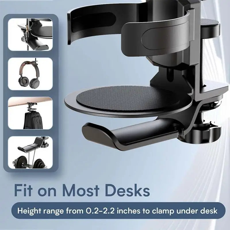 Clip-On Desk Cup Holder with Headphone Hook Rotating Game Desk Accessory (Black)