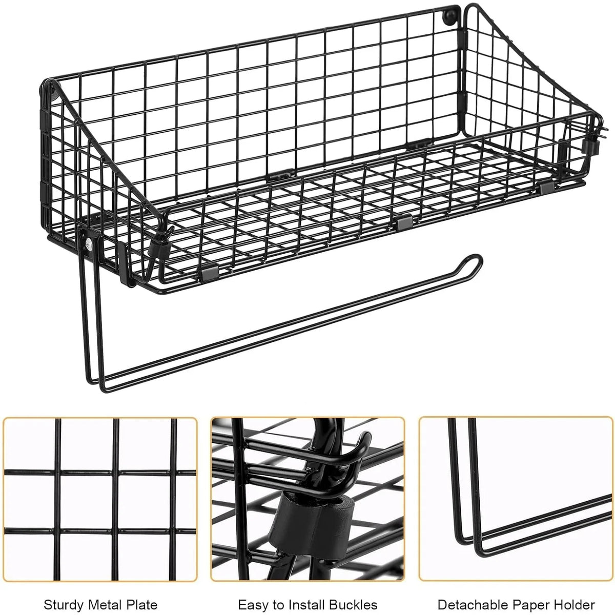 Metal Kitchen Bathroom Wall Organizer with Paper Towel Holder (Black)