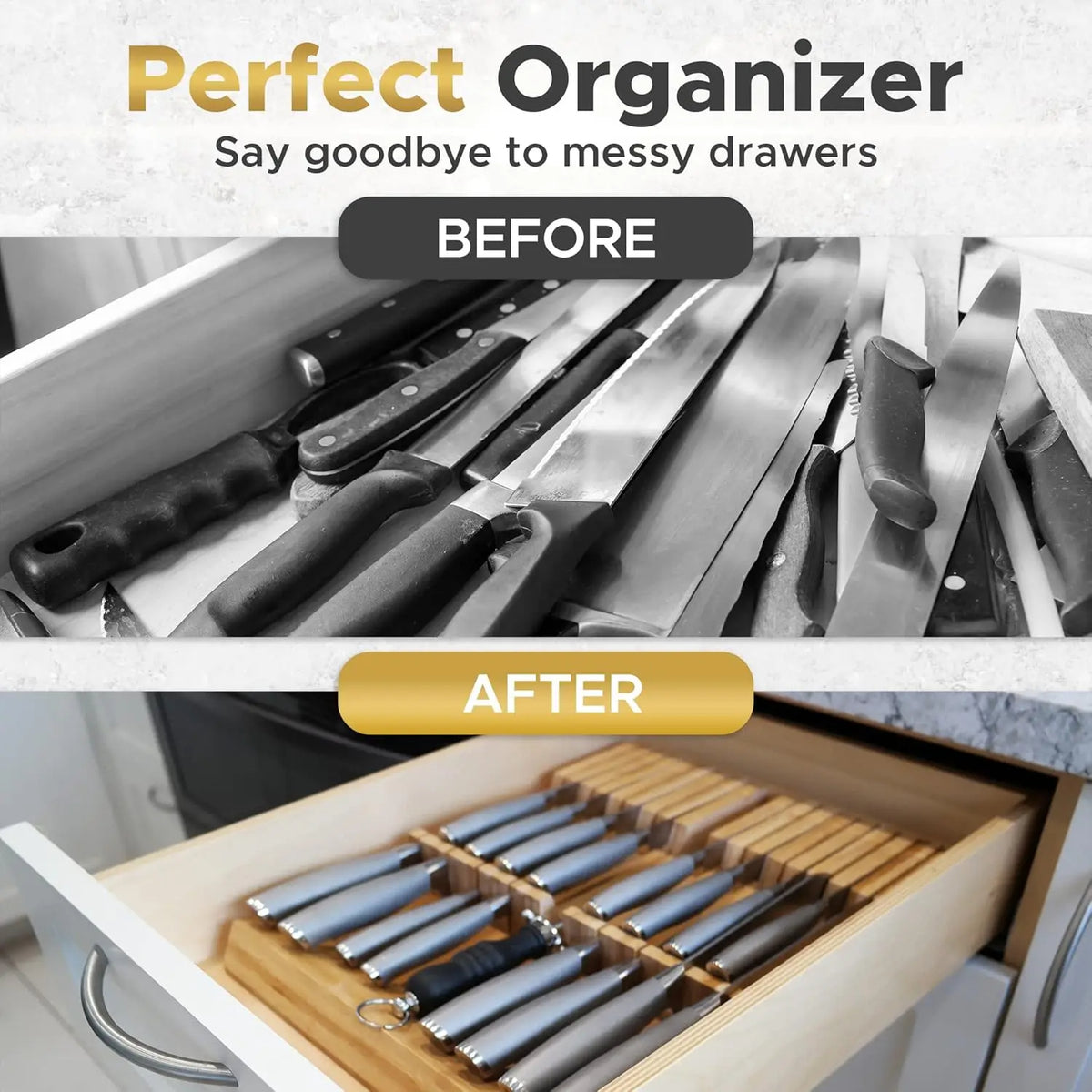 Bamboo In-Drawer Knife Organizer with Sharpener Slot