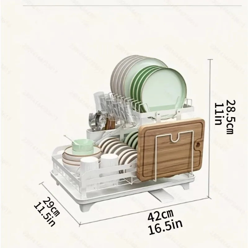 2-Tier Kitchen Dish Drying Rack with Automatic Drainer