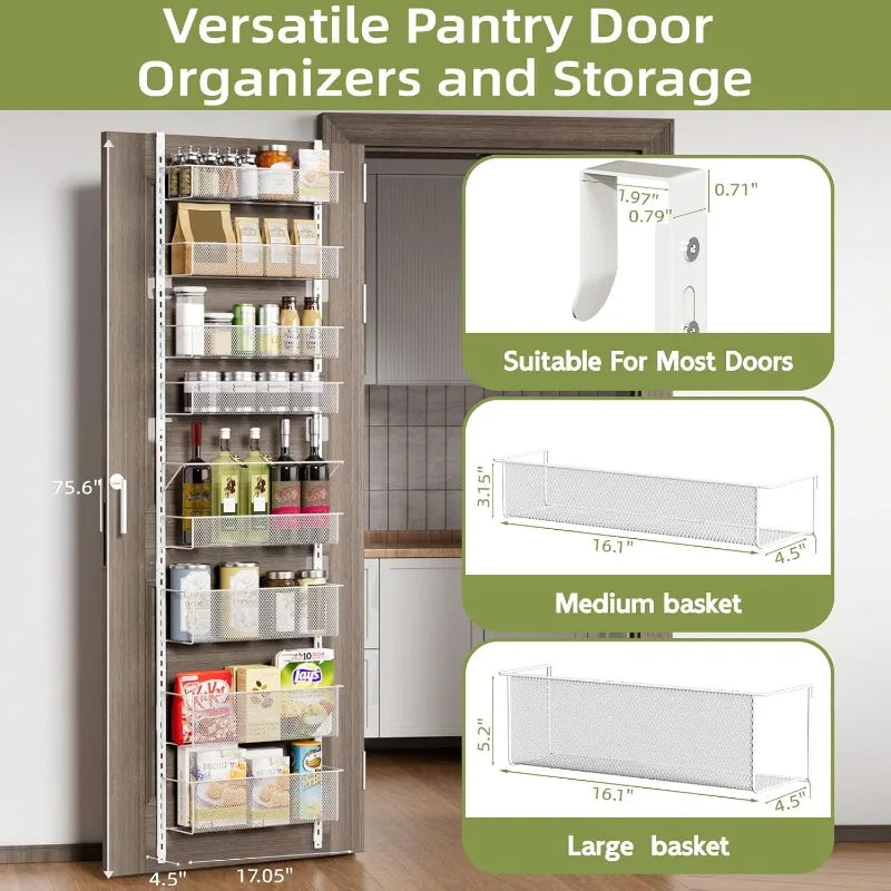 Metal Pantry Door Organizer 8-Tier Hanging Wall Mount Spice Rack (Black)