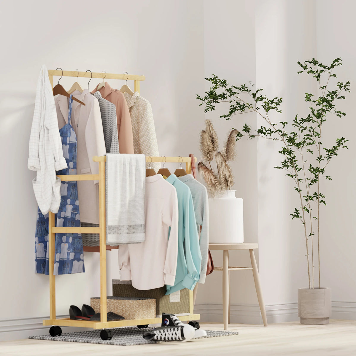 Bamboo Double Clothes Rack with Wheels and Shelves