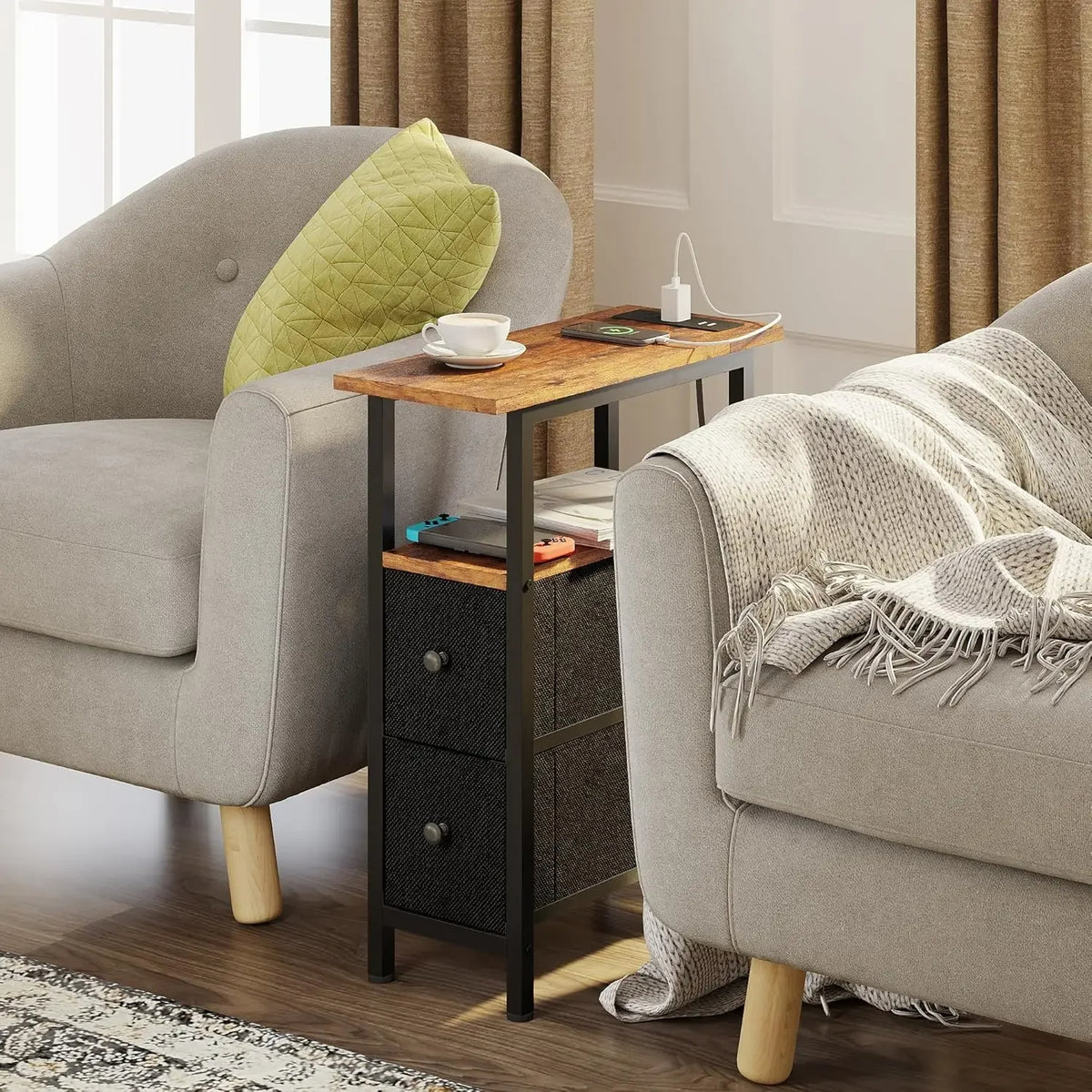 Slim Bedside Table with 2 Fabric Drawers for Living Room Side Coffee Table
