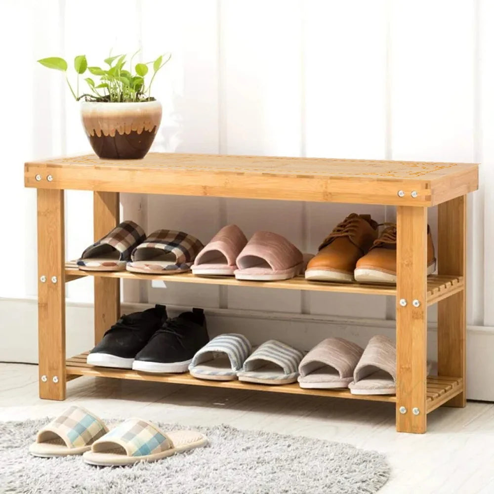 3-Tier Bamboo Shoe Rack Organizer – Modern Entryway Bench for Shoes &amp; Storage