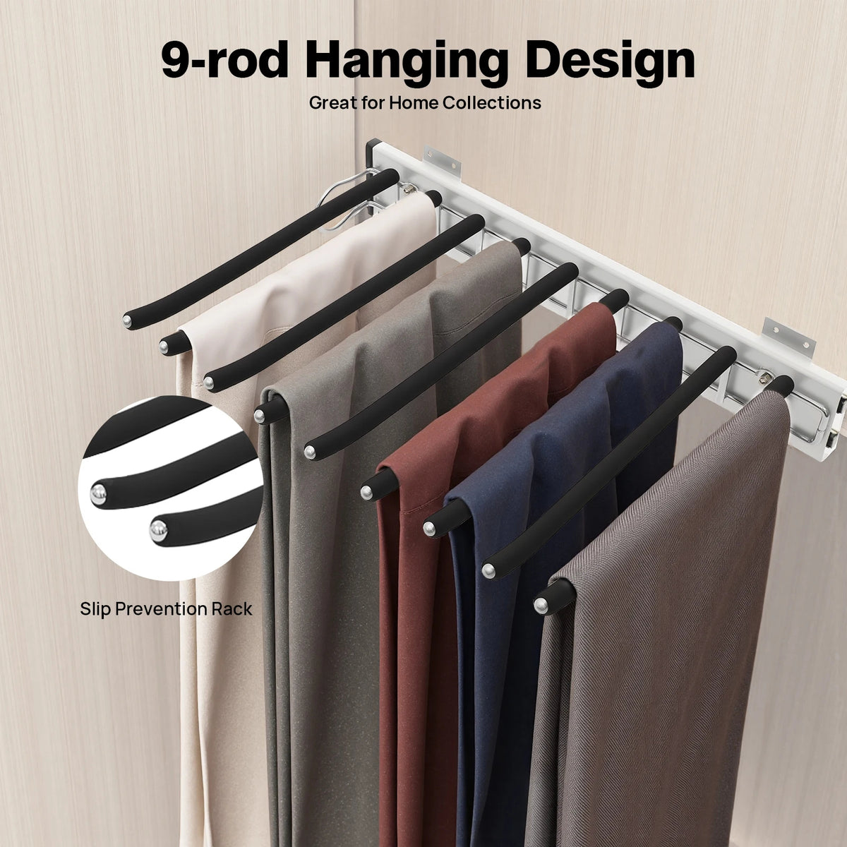 Pull Out Trousers Rack 9 Rods Retractable Wardrobe Pants Organizer (Left)