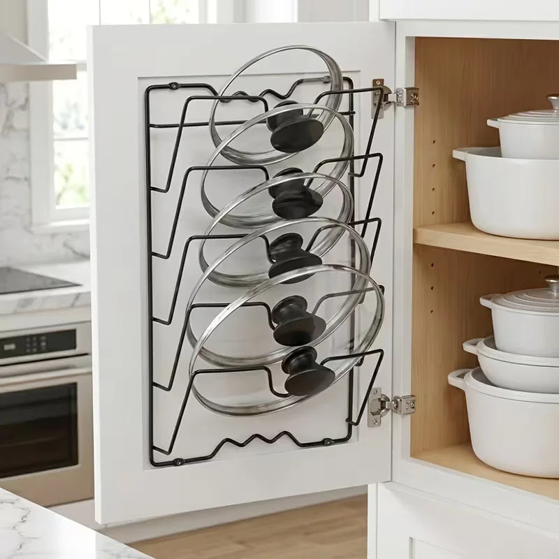 5-Tier Pot Lid Organizer Rack – Wall-Mounted Metal Kitchen Storage Holder for Pot Covers &amp; Cookware