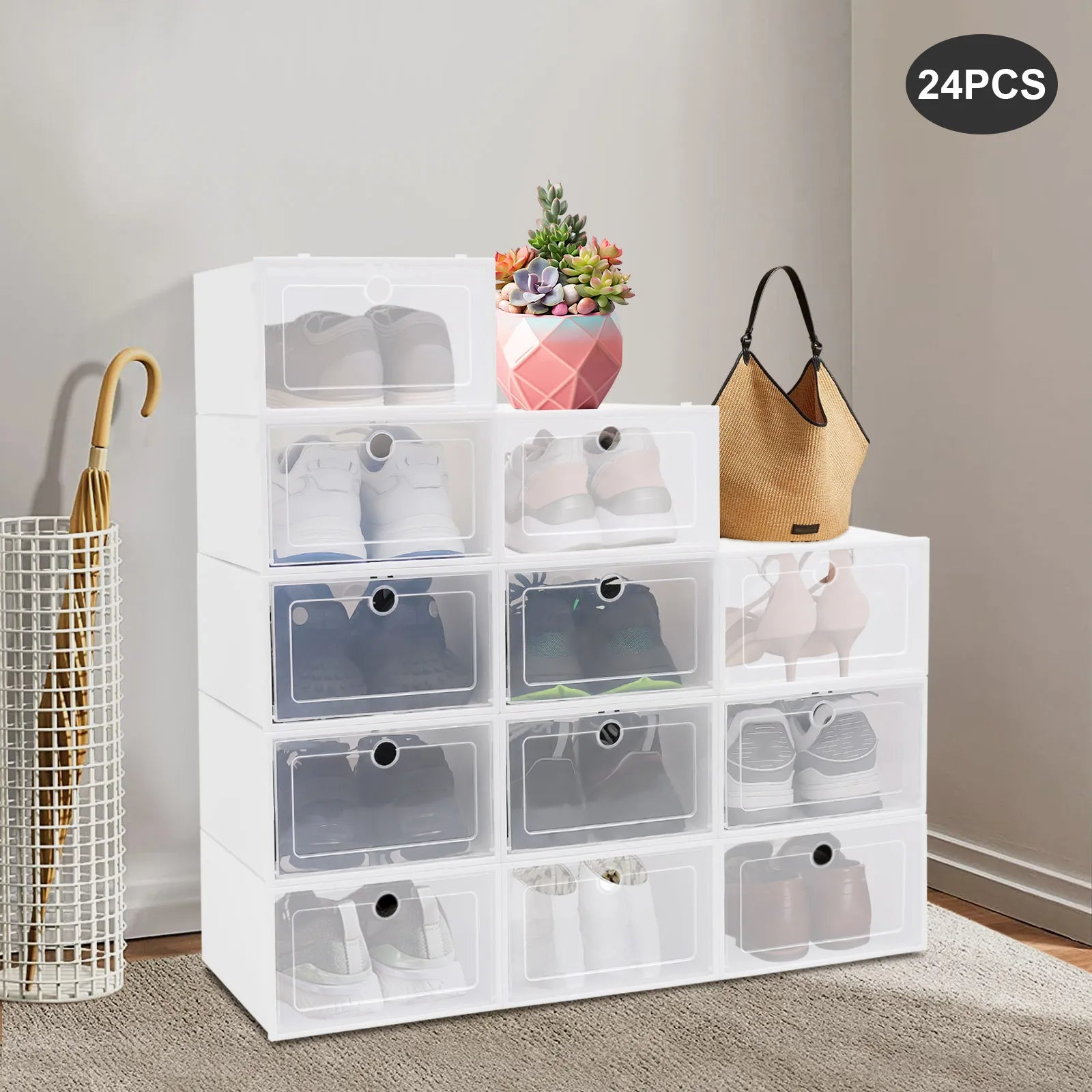 Stackable Shoe Boxes 24 Pack Multifunctional Sneaker Boot Organizer