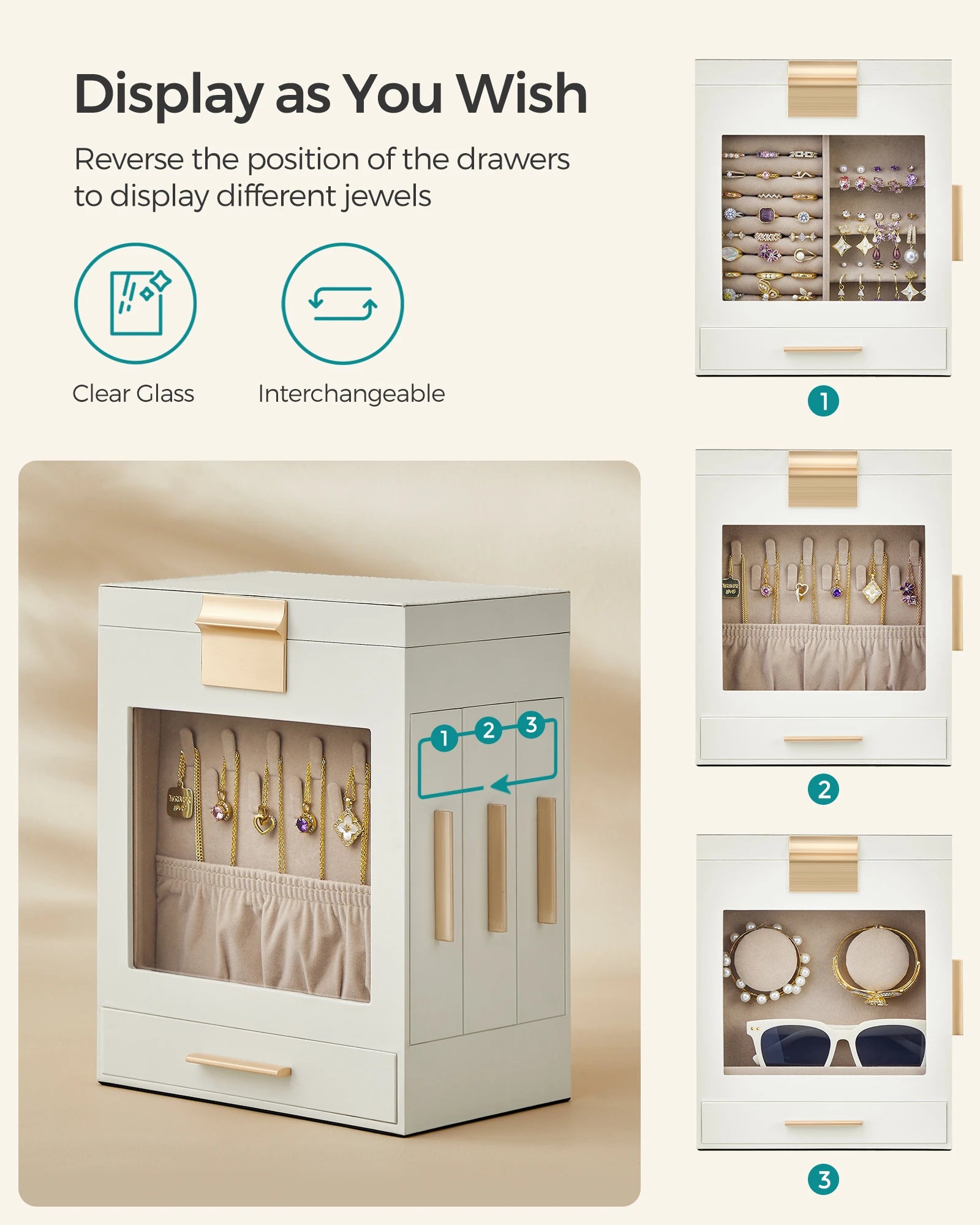 Elegant Jewelry Storage Box 5-Tier Organizer with Clear Glass Top and Drawers (Slate Gray)