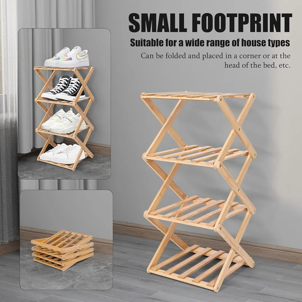 4-Tier Bamboo Shoe Rack Foldable Space Saving Organizer