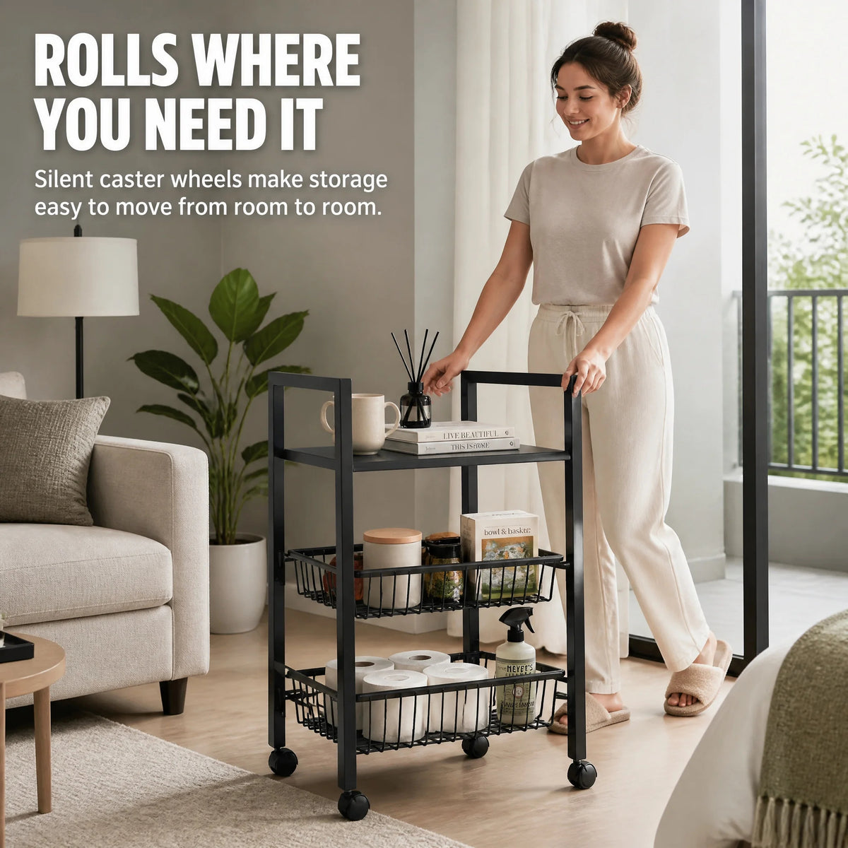3-Tier Rolling Storage Cart with Wheels, Mobile Utility Organizer with Flat Top Shelf &amp; 2 Wire Baskets, Metal Kitchen, Bathroom &amp; Laundry Cart