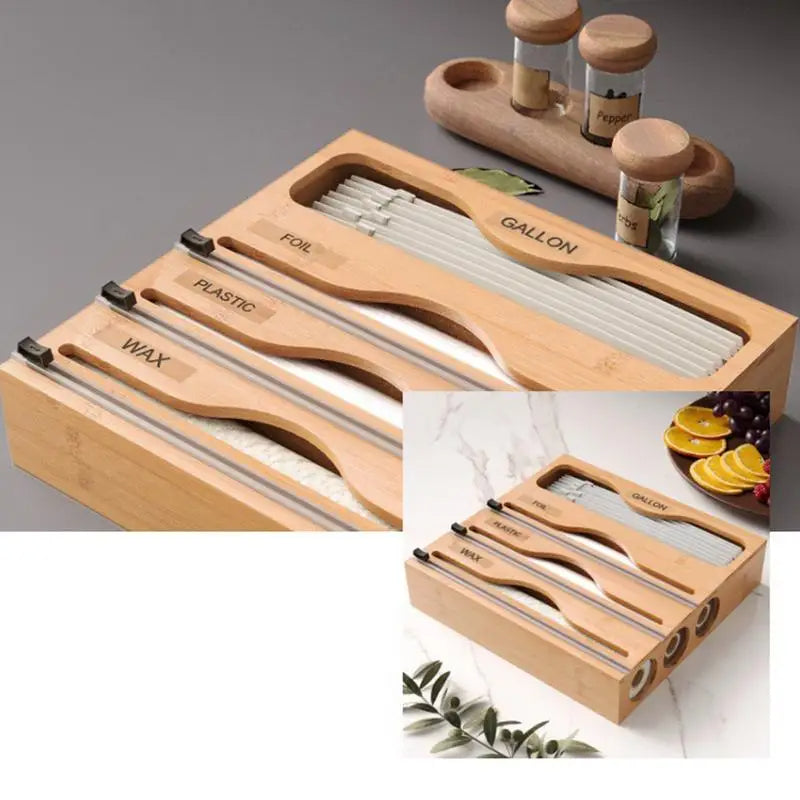 Bamboo Kitchen Storage Box with Film Cutter Bag Dispenser
