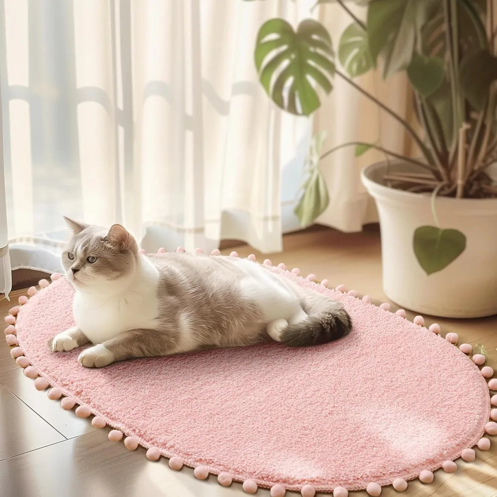 Soft Plush Cute Oval Blush Pink Bathroom Rug with Pom Poms