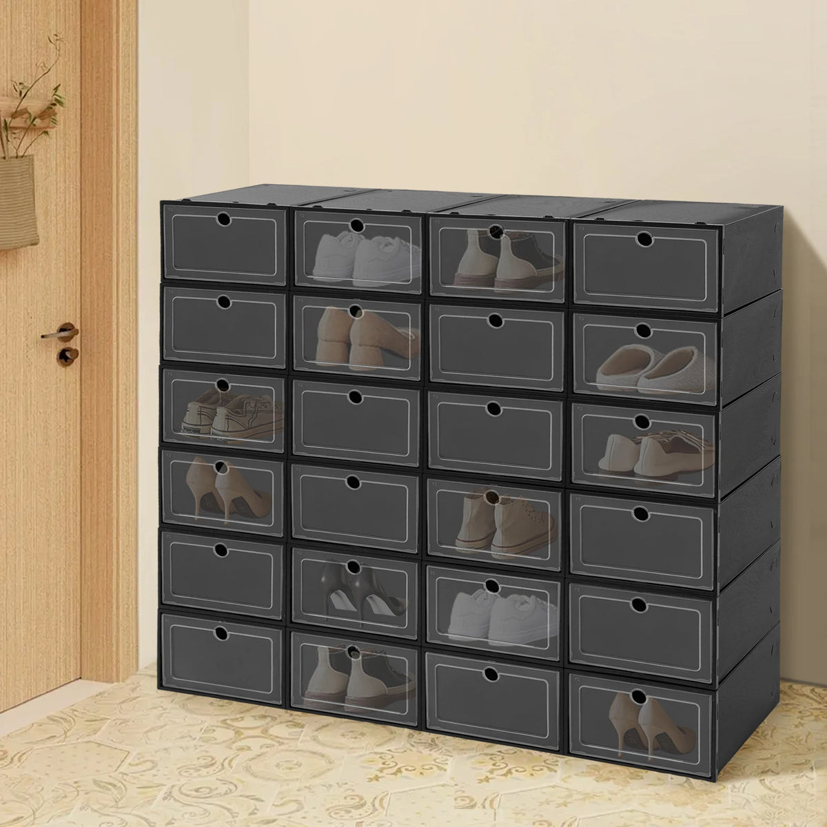 24-Pack Stackable Shoe Storage Box with Clear Front Door (Black)