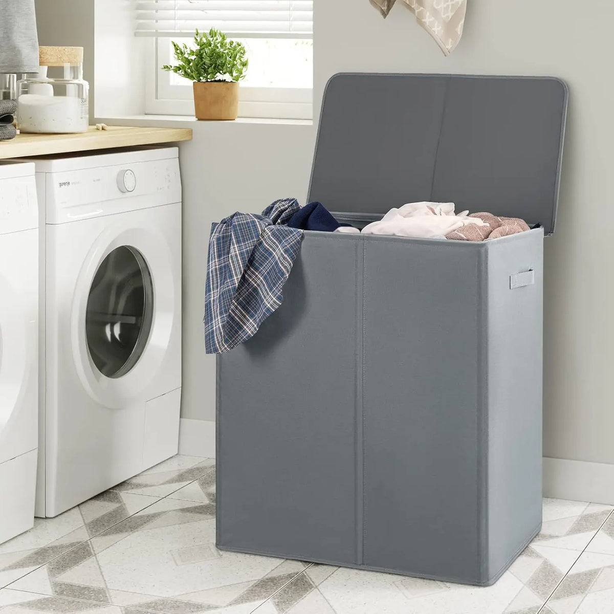 Collapsible Double Laundry Hamper 180L with Lid and Bags (Gray)