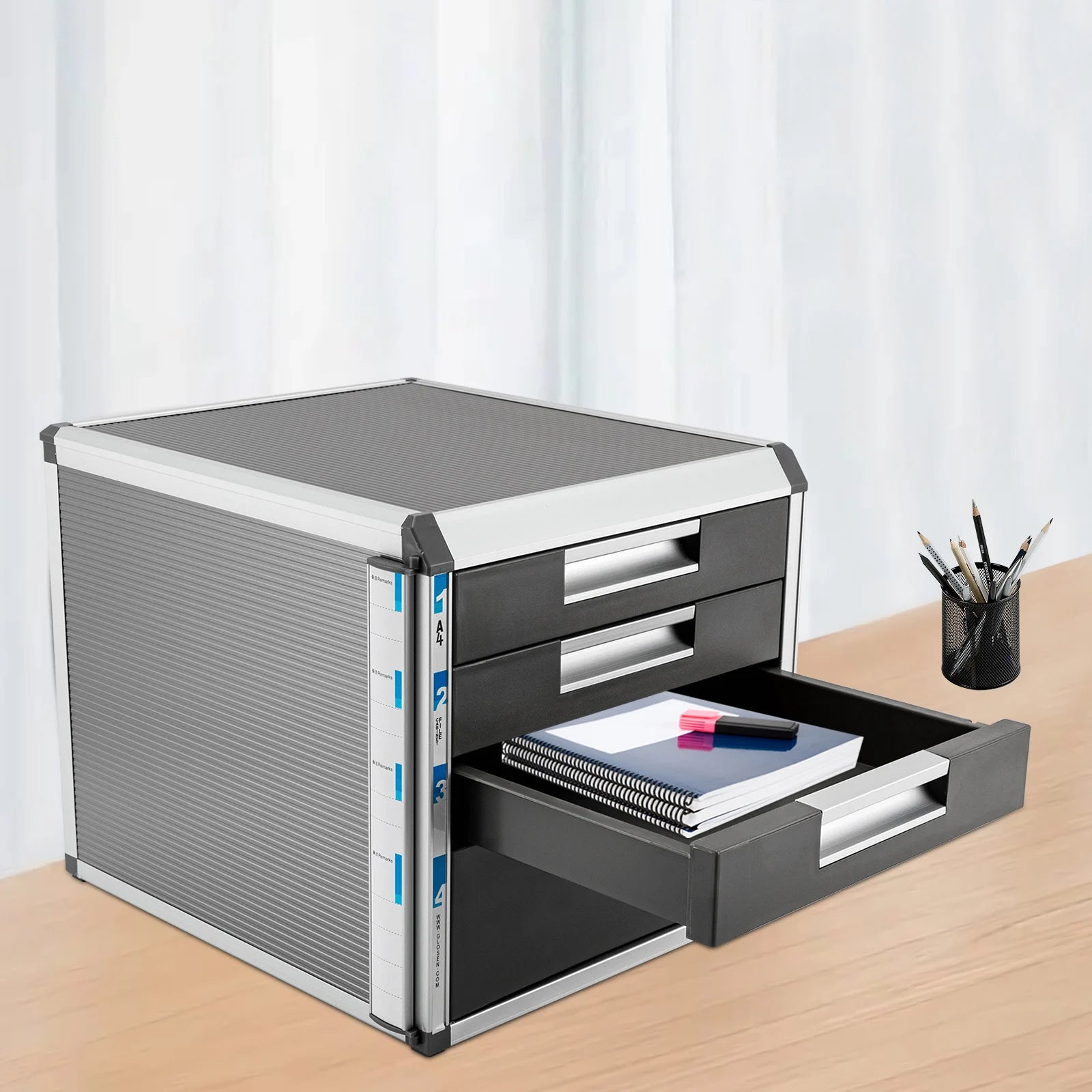 Aluminum Alloy A4 Document Storage Box with Lock & 4 Drawers