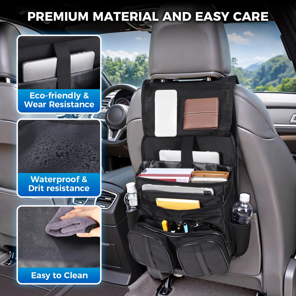 Adjustable Hanging Car Seat Organizer with Laptop Tablet Holder (Black)