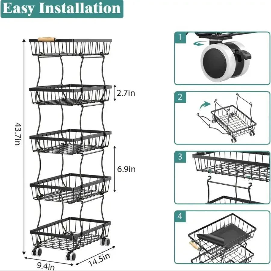 4 Tier Stackable Metal Vegetable Storage Rack with Wheels