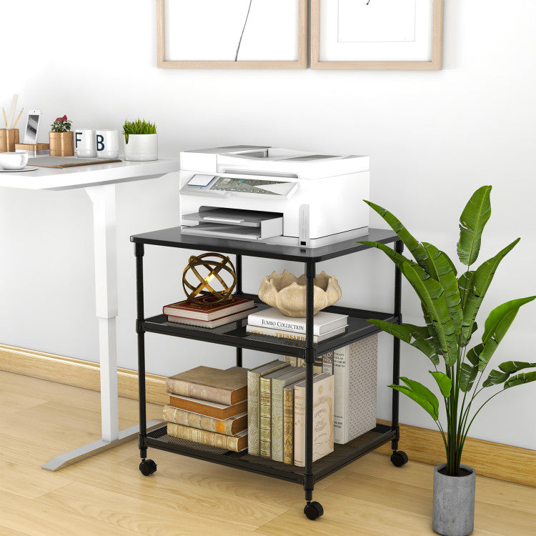 3 Tier Rolling Printer Stand Adjustable Shelf (Black)