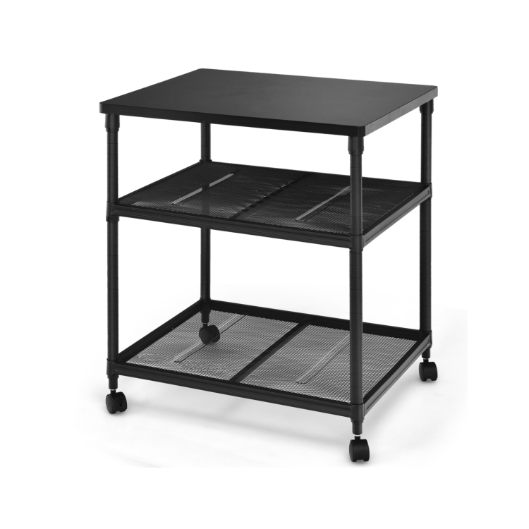 3 Tier Rolling Printer Stand Adjustable Shelf (Black)