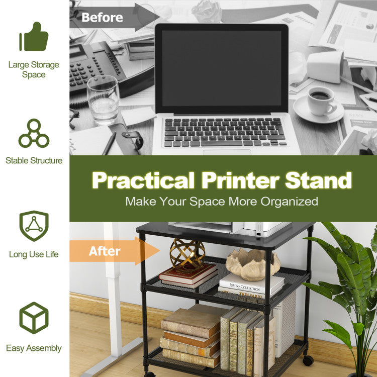 3 Tier Rolling Printer Stand Adjustable Shelf (Black)