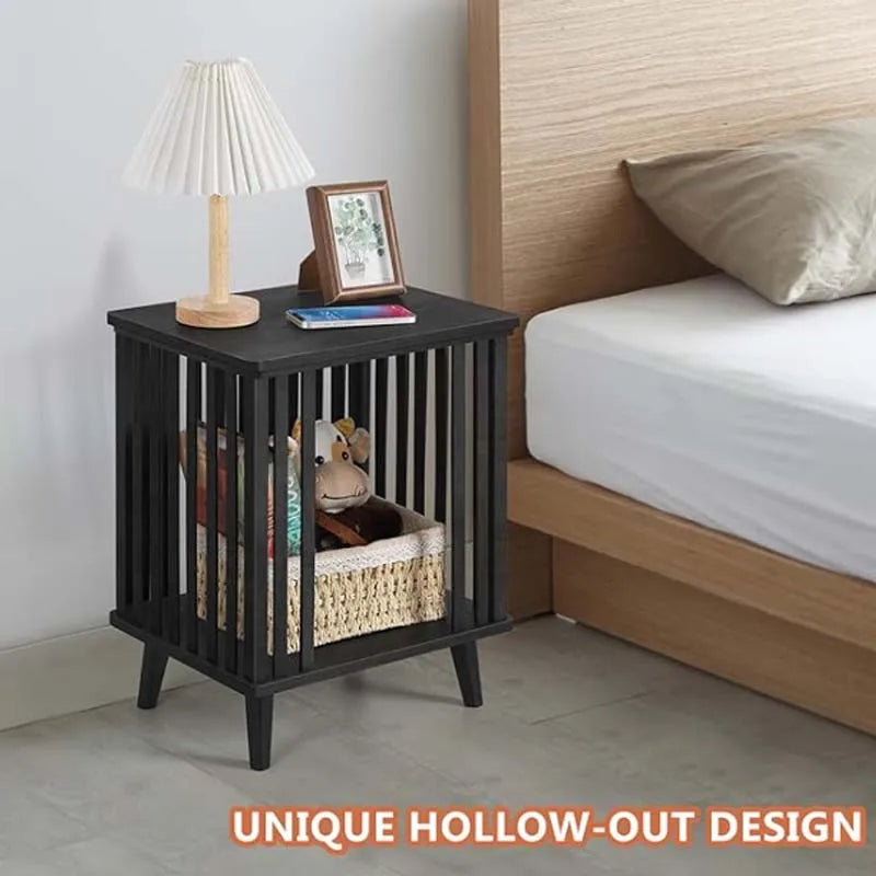 Nightstand with Bamboo Storage Large Capacity End Table (Black)
