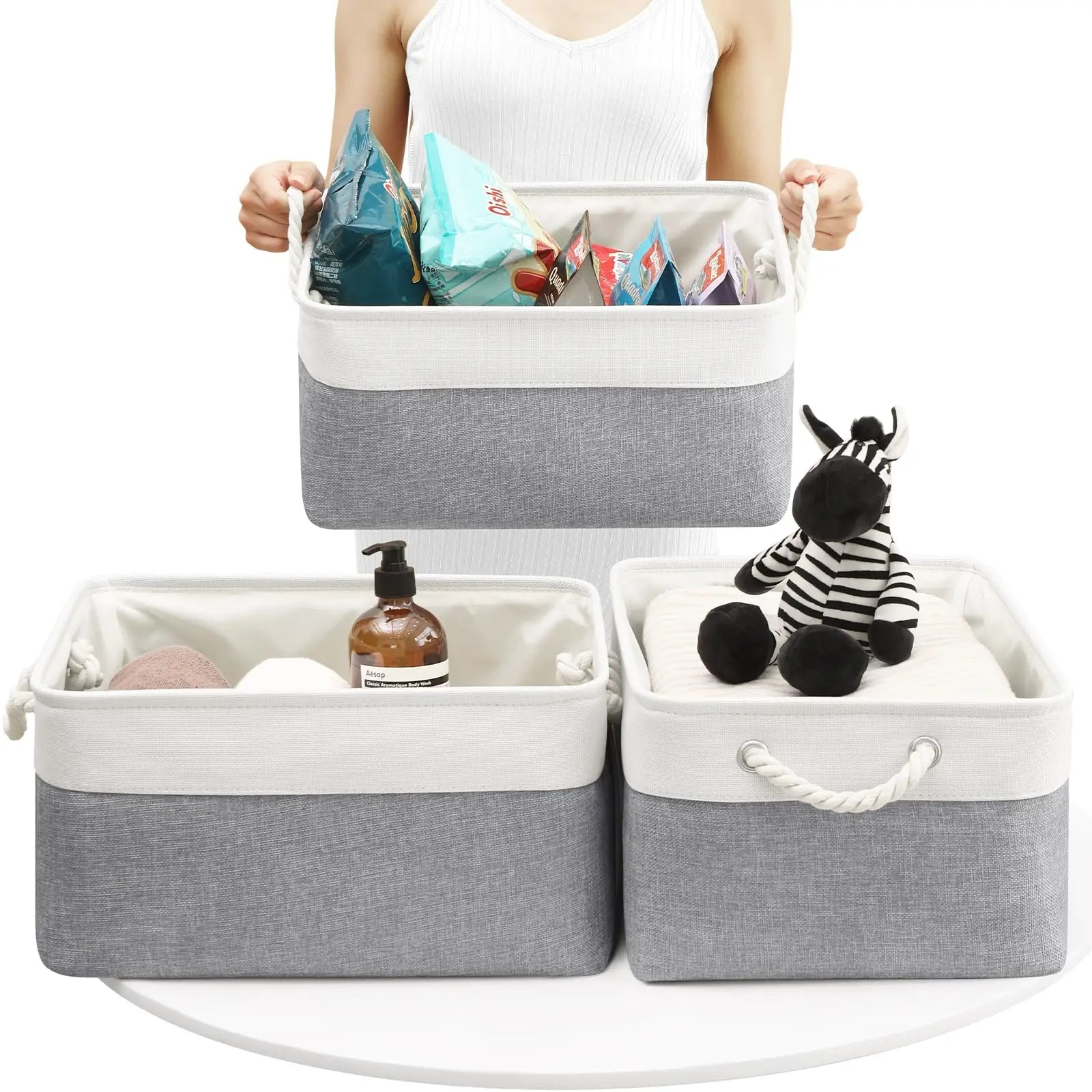 Set of 3 Foldable Fabric Storage Baskets for Living Room (Dark Gray)