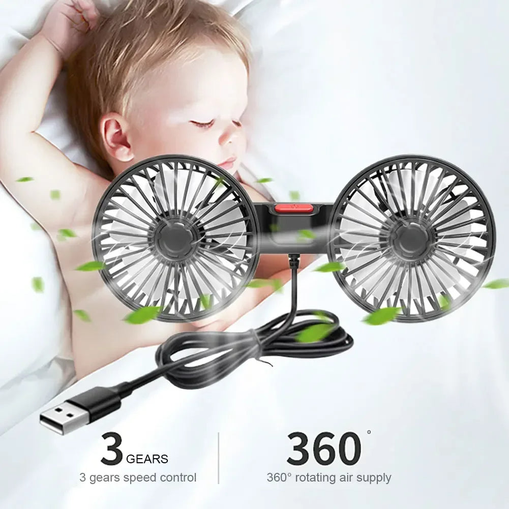 Portable USB Car Fan with Dual Heads 360° Rotation 3 Speeds