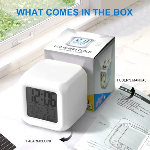 7-Color LED Digital Alarm Clock with Illuminated Display (White)