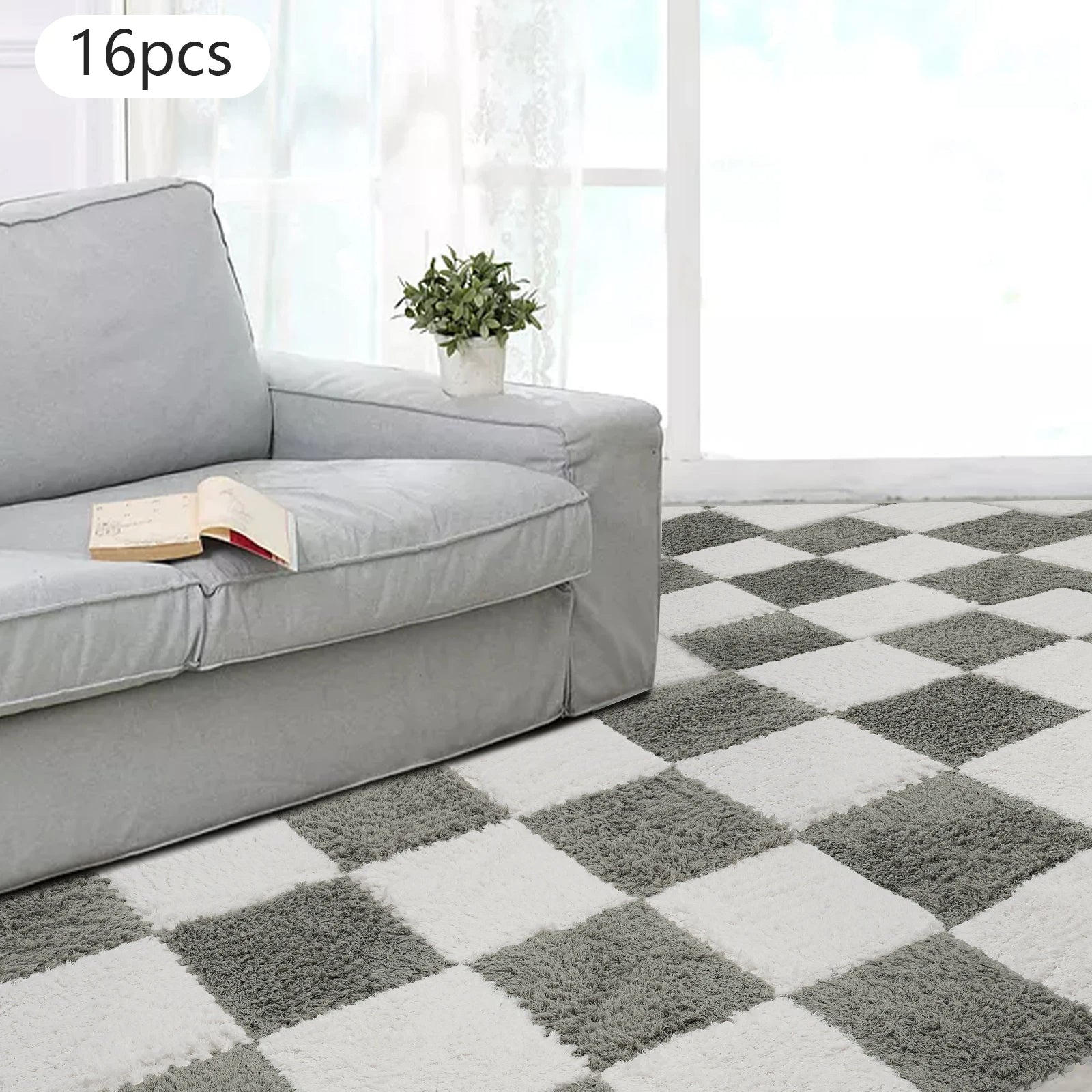 Fluffy Square Rugs for Kids Room 16-Piece Set Gray & White