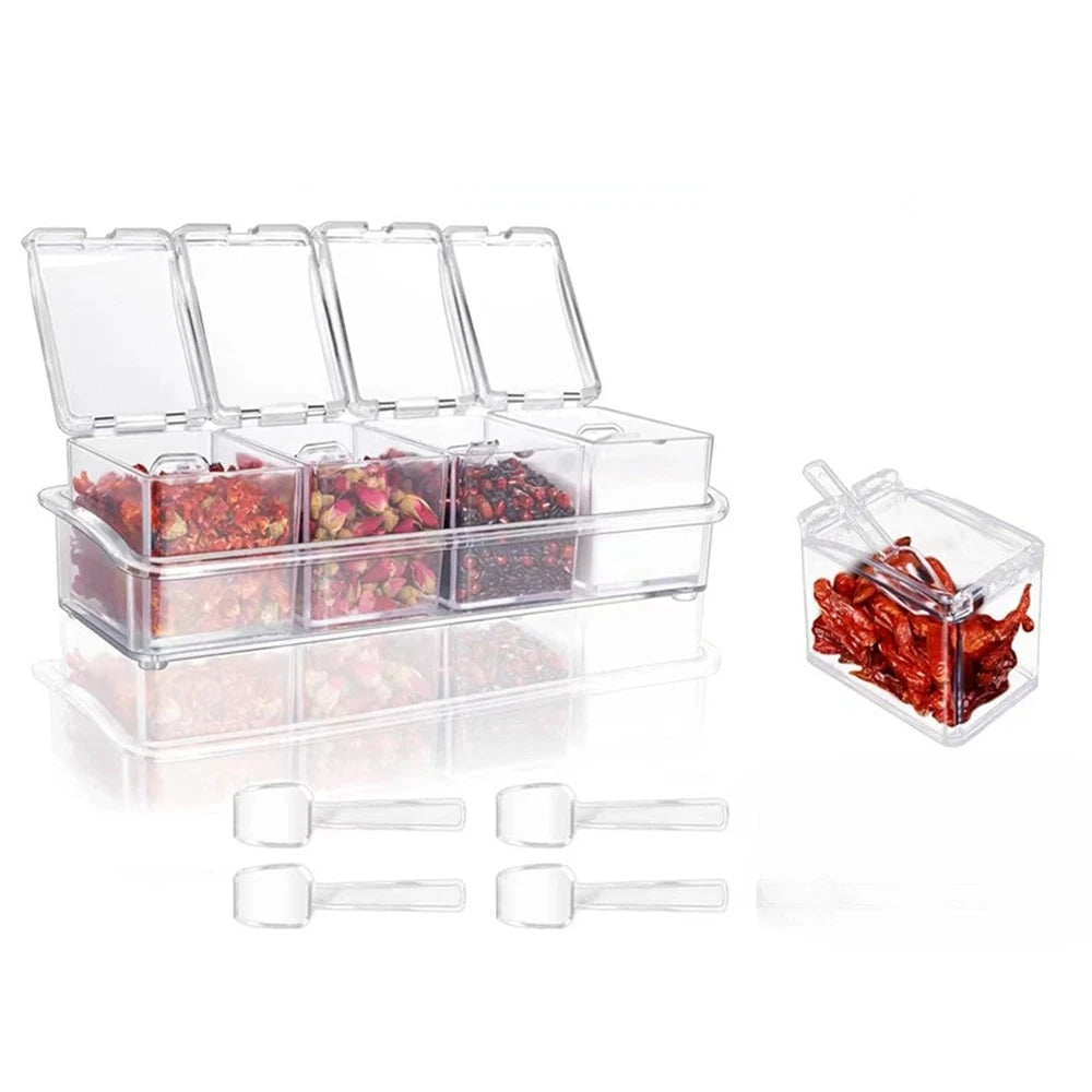 Premium 4-Grid Acrylic Seasoning Box Organizer Clear Countertop Condiment Container