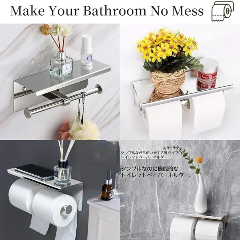 Wall Mount Double Roll Toilet Paper Holder with Shelf (Silver)