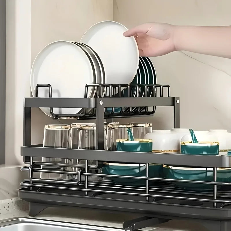 Extendable 2-Tier Dish Rack Organizer Large-Capacity Utensil Drainer (Black)