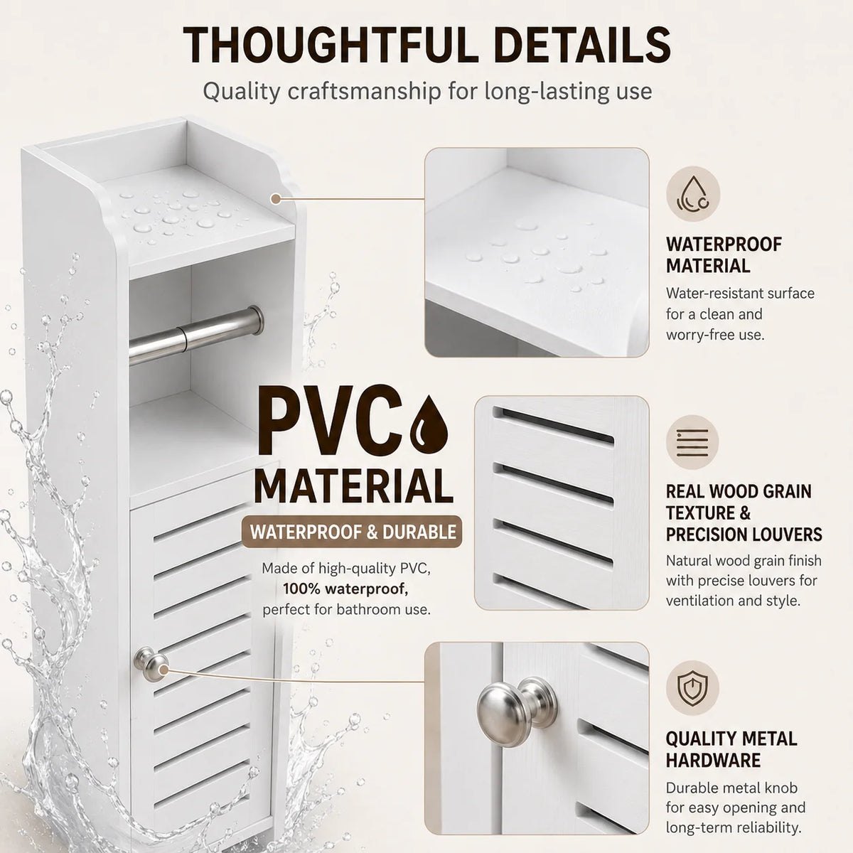 Slim Bathroom Storage Cabinet with Toilet Paper Holder – Narrow PVC Organizer with Shelves and Door for Small Bathrooms