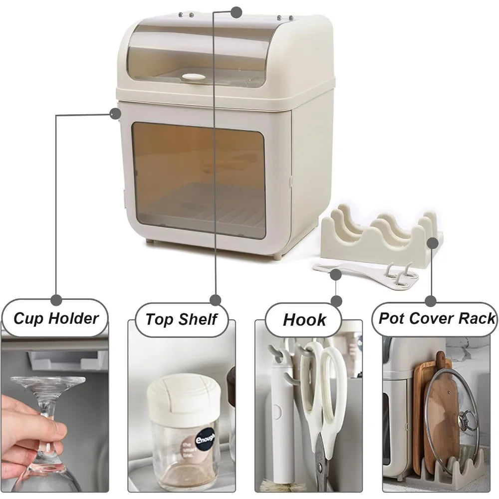 2-Tier Dish Drying Rack with Dust-Proof Lid Fully Enclosed Tableware Organizer