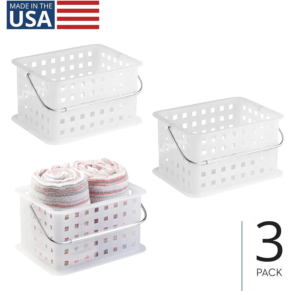 Plastic Storage Baskets Set of 3 with Handles for Bathroom Organization