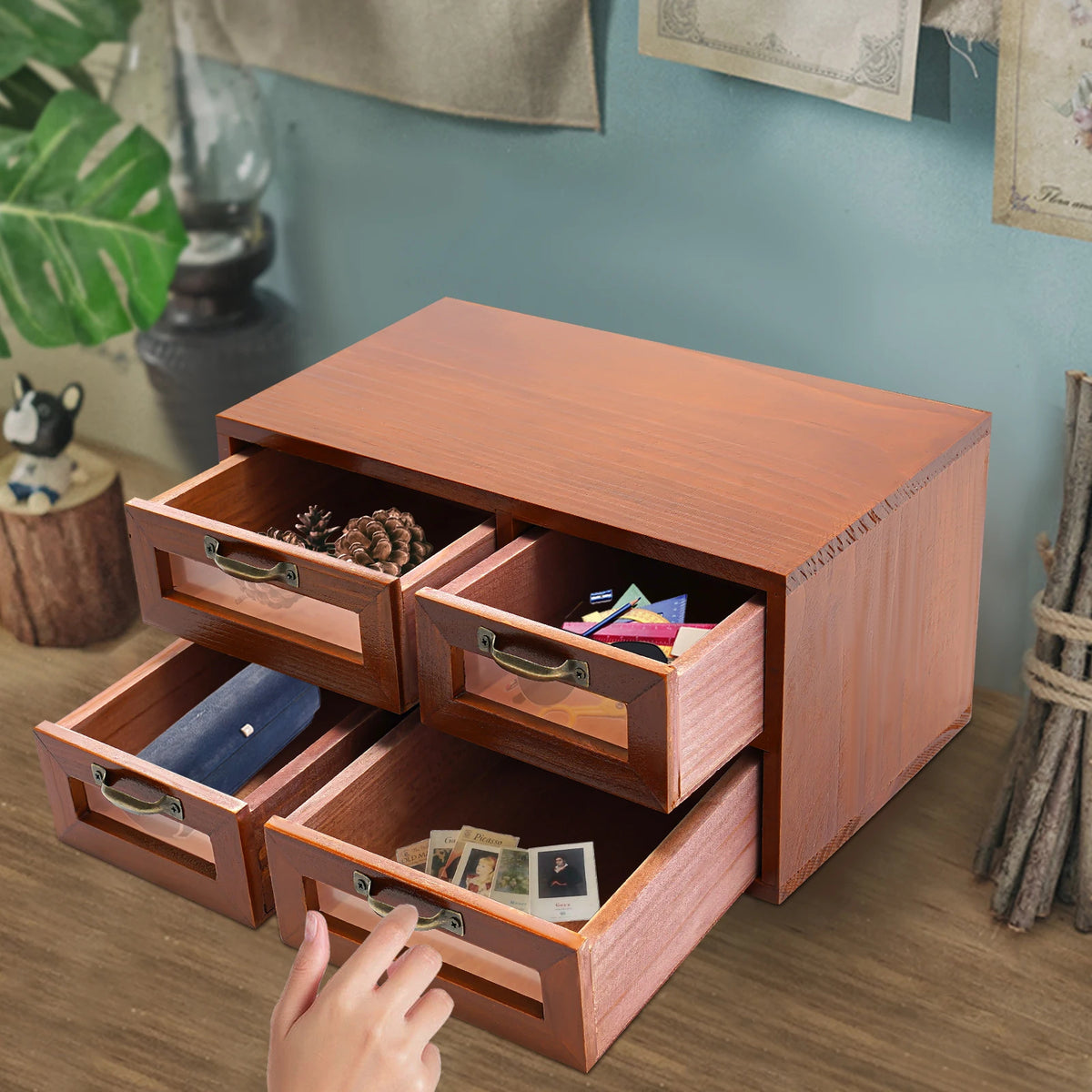 Retro Wooden 4-Drawer Desktop Organizer Box