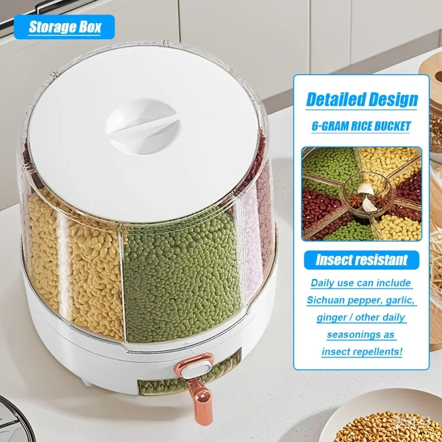 Large 6-Compartment Rotating Food Dispenser – 25Lb Capacity Grain Storage Box