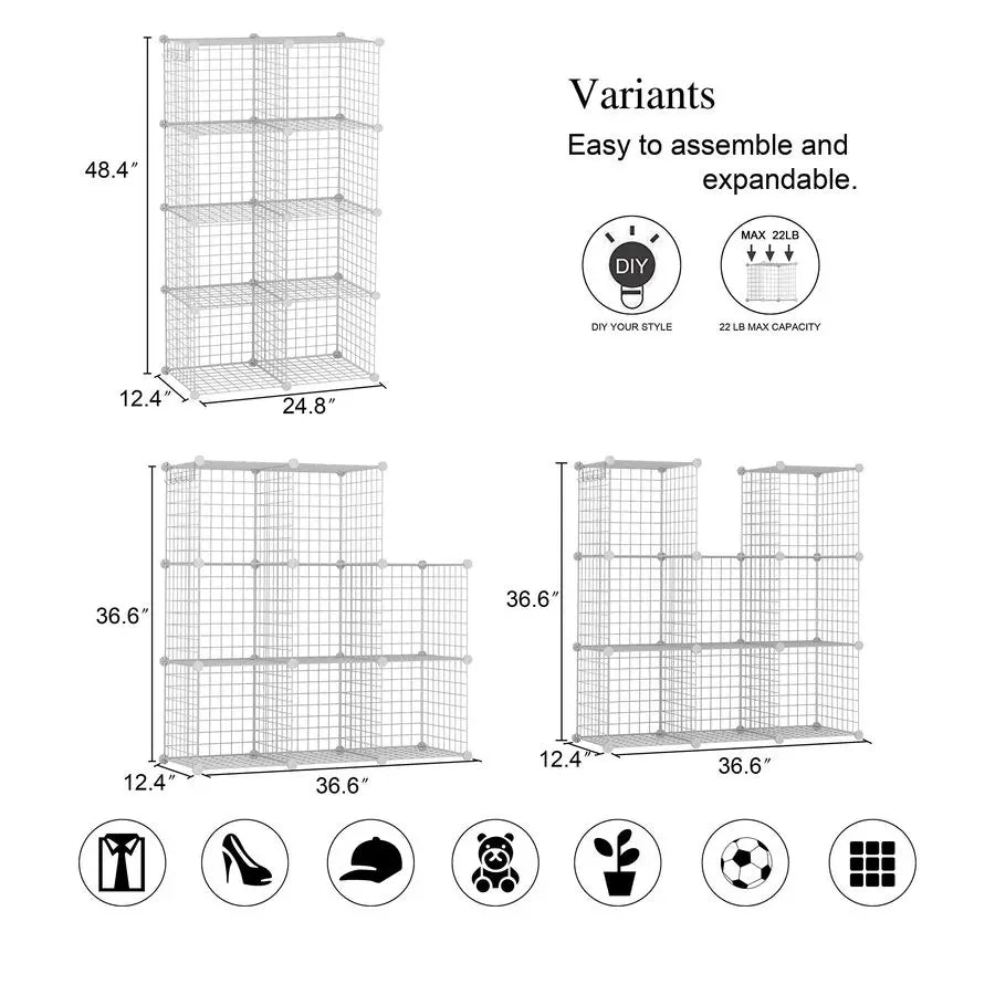8-Cube Wire Storage Organizer – Modular Metal Grid Shelving Unit (Light Gray)